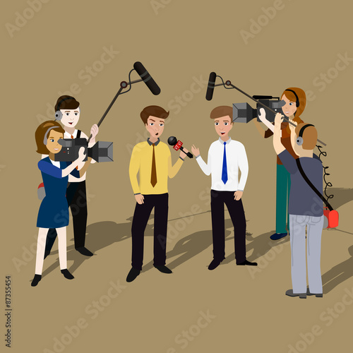 Concept live reports, interviews, microphones in the hands of journalists. Live news template.