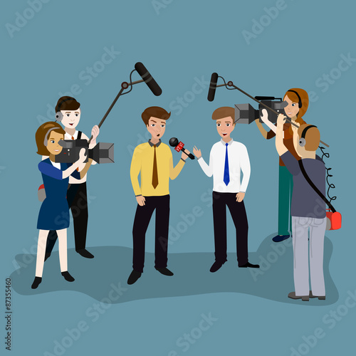 Concept live reports, interviews, microphones in the hands of journalists. Live news template.