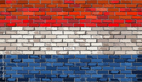 Grunge flag of Netherlands on a brick wall,
Netherlands flag on brick textured background, 
Flag of Netherlands painted on brick wall,
Flag of Netherlands in brick style