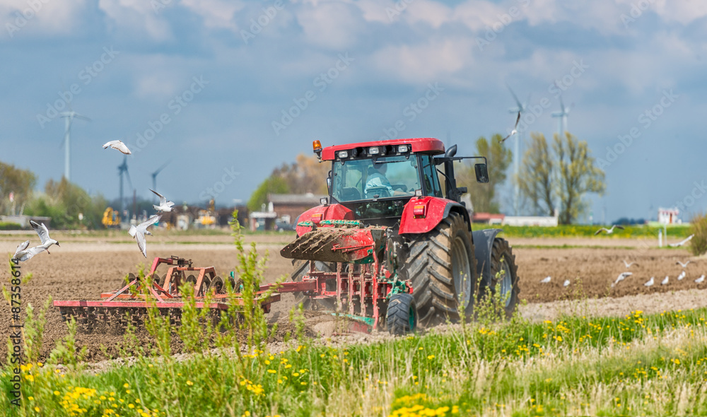 Naklejka premium ein Traktor pflügt das Feld zur Saatvorbereitung
