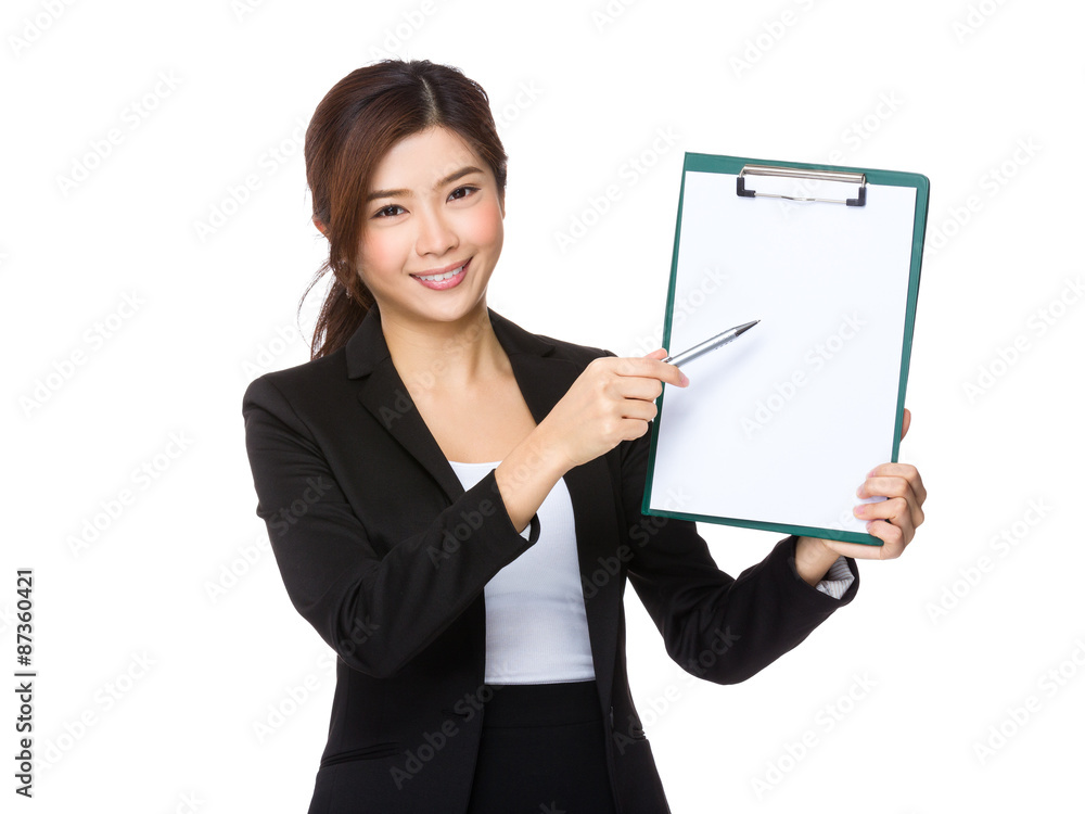 Young businesswoman show with clipboard Young businesswoman show with clipboard