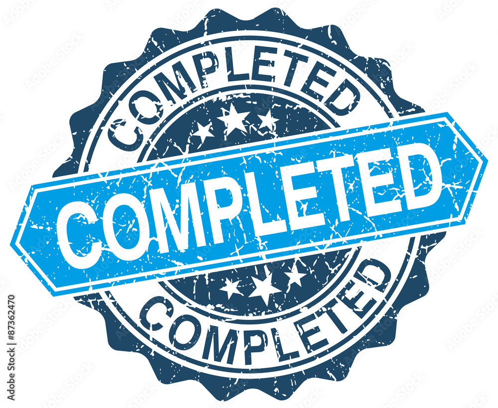 completed blue round grunge stamp on white completed blue round grunge stamp on white