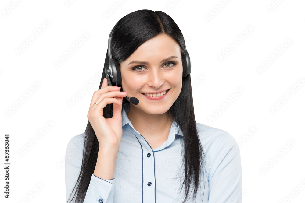 Portrait of smiling cheerful support phone operator in headset. Isolated. Portrait of smiling cheerful support phone operator in headset. Isolated.