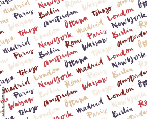 The names of the cities of the world. European cities. Hand lettering. Seamless pattern.