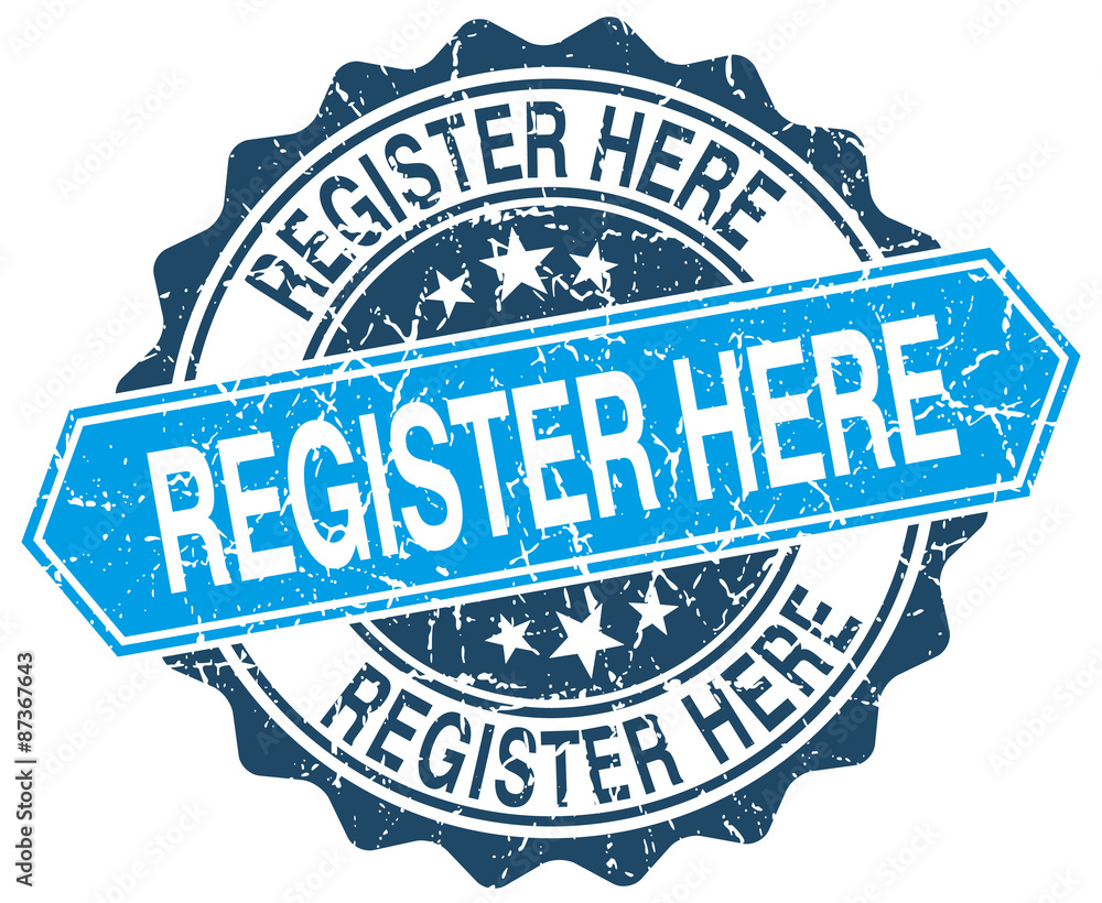 Obraz premium register here blue round grunge stamp on white