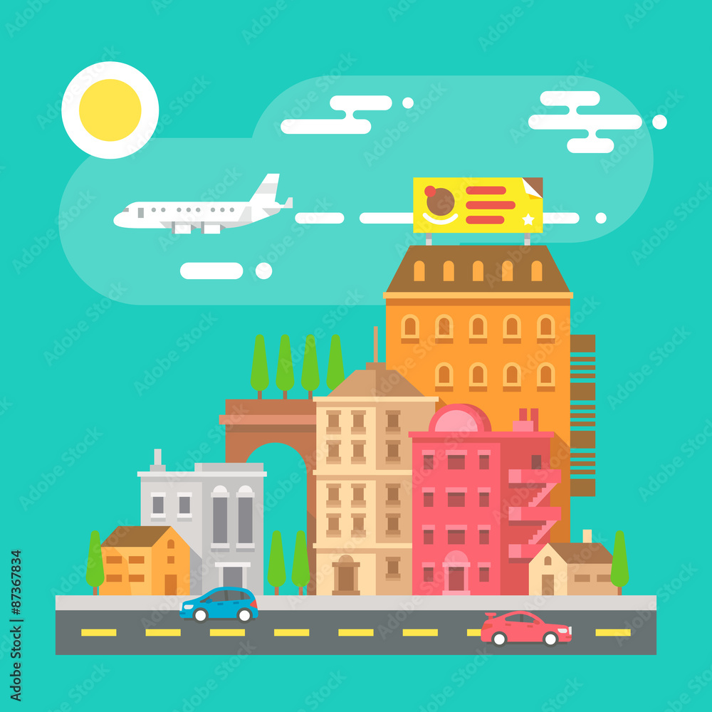 Naklejka premium Colorful cityscape scene in flat design