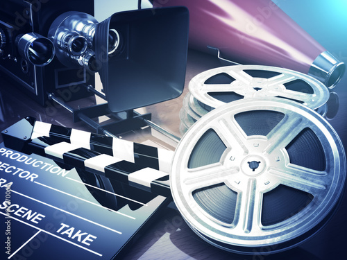 Video, movie, cinema vintage concept. Retro camera, reels and cl #87370063