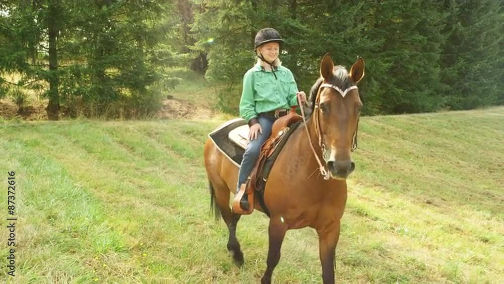 Young girl riding a horse in a meadow Young girl riding a horse in a meadow