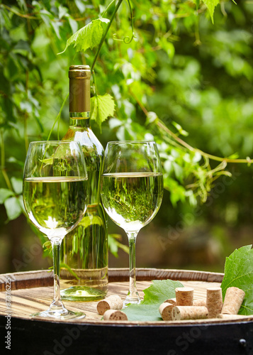 The glass of wine an and old barrel and grape