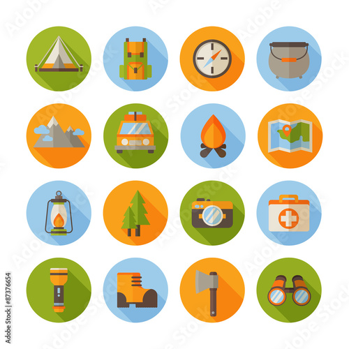 A set of hiking flat icons in modern style
