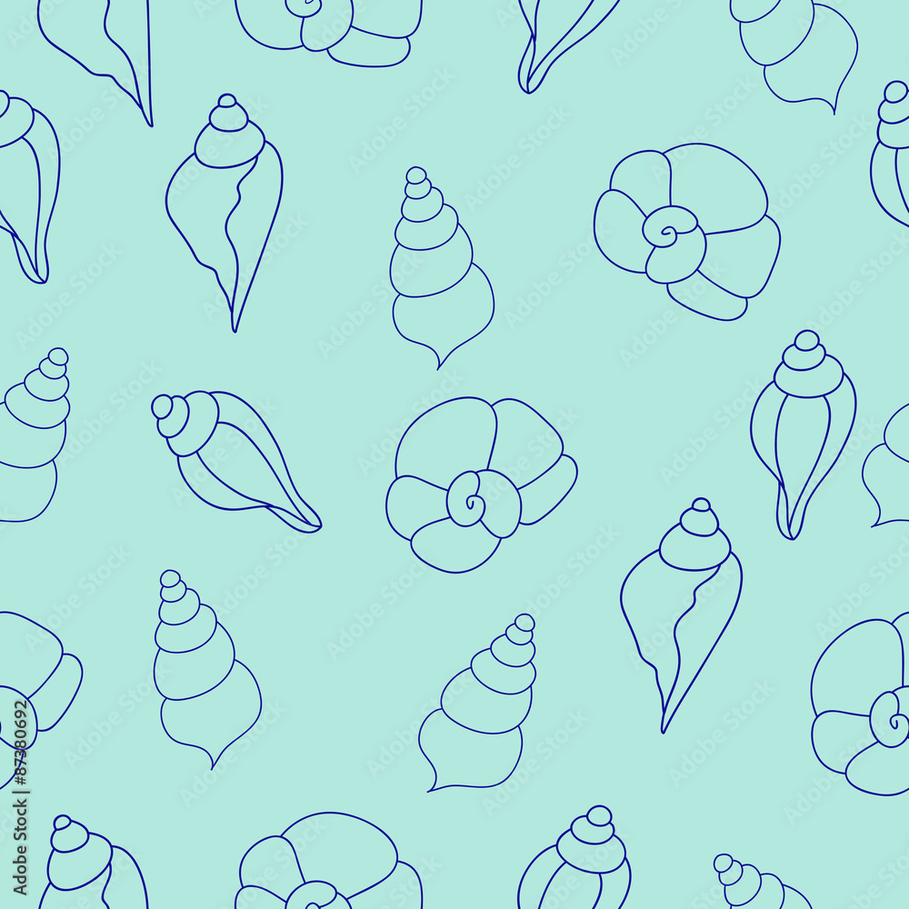 Obraz premium Blue sea shells vector seamless pattern