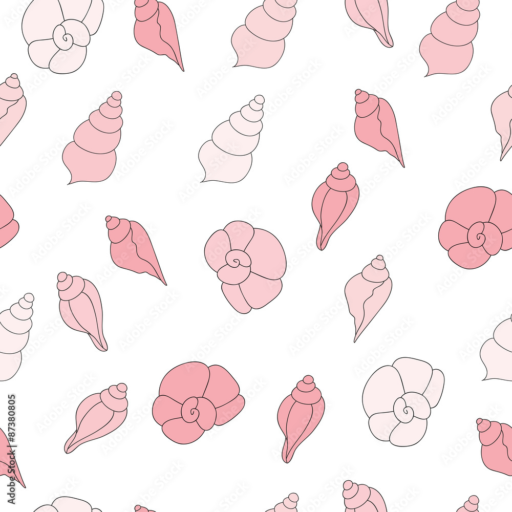 Seamless vector pattern with pink sea shells on the white backgr Seamless vector pattern with pink sea shells on the white backgr