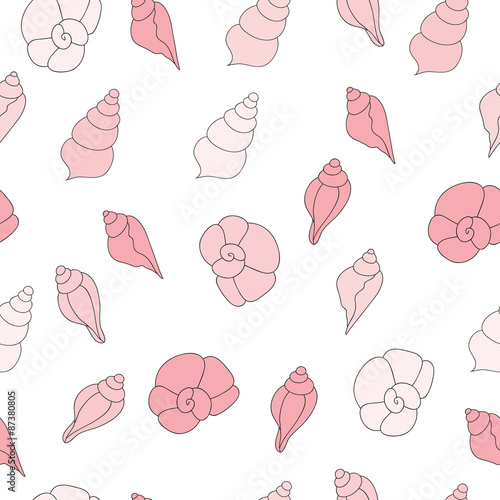 Seamless vector pattern with pink sea shells on the white backgr