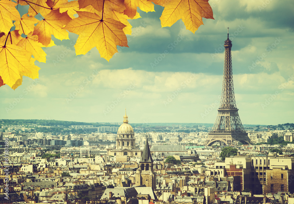 Naklejka autumn leaves in Paris and Eiffel tower