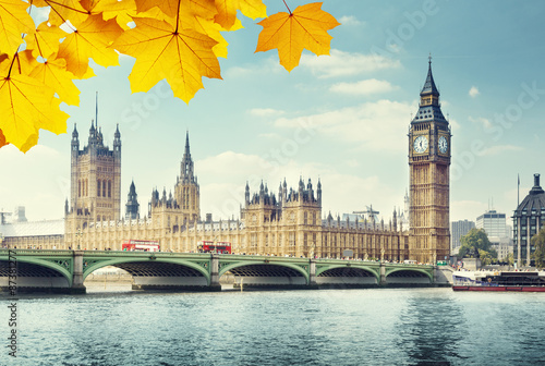 autumn leaves and Big Ben, London