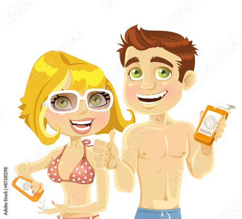 Men and woman with a cream for sunburn