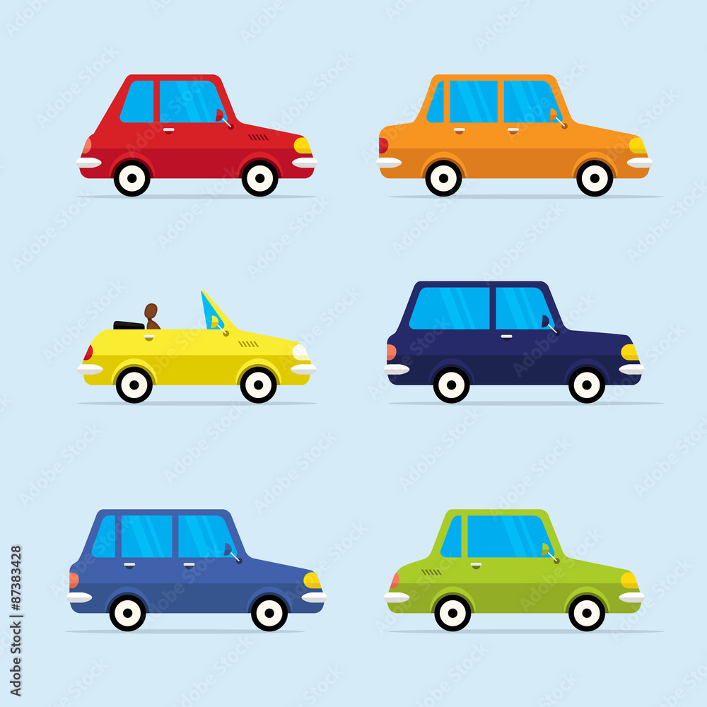 Fototapeta premium Wektor płaski ikona zestaw nowoczesnych pojazdów, w tym różne samochody