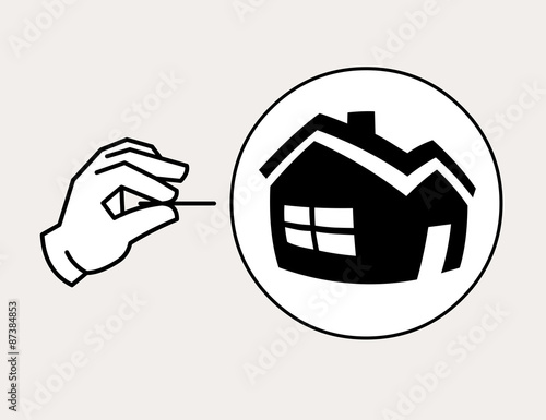 Hand with needle ready to pop the property bubble. Housing bubble concept icon