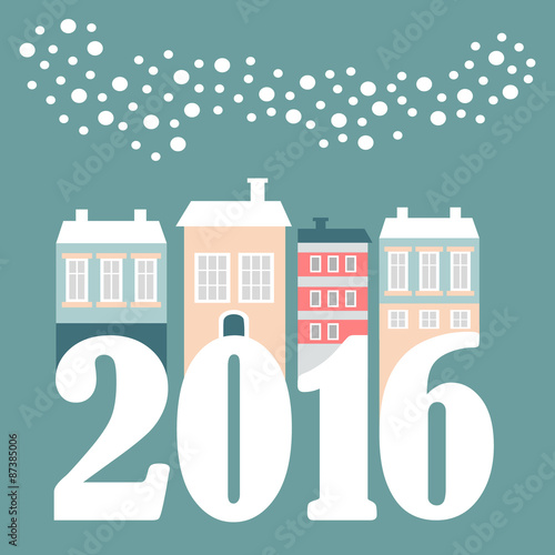 Cute christmas new year 2016 card with winter houses, falling snowflakes, vector