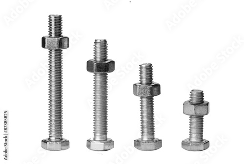 The different length bolts with nuts on white