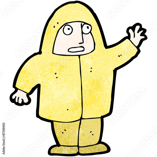 cartoon man in raincoat waving