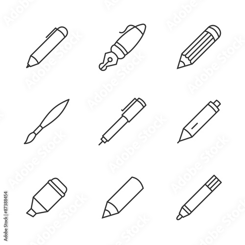 Writing tools. Pencil, pen, fountain pen, brush, marker, crayon, ballpoint thin line vector icons.