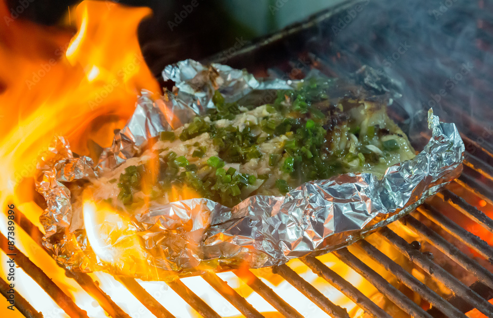 Barbecue Grill cooking seafood.