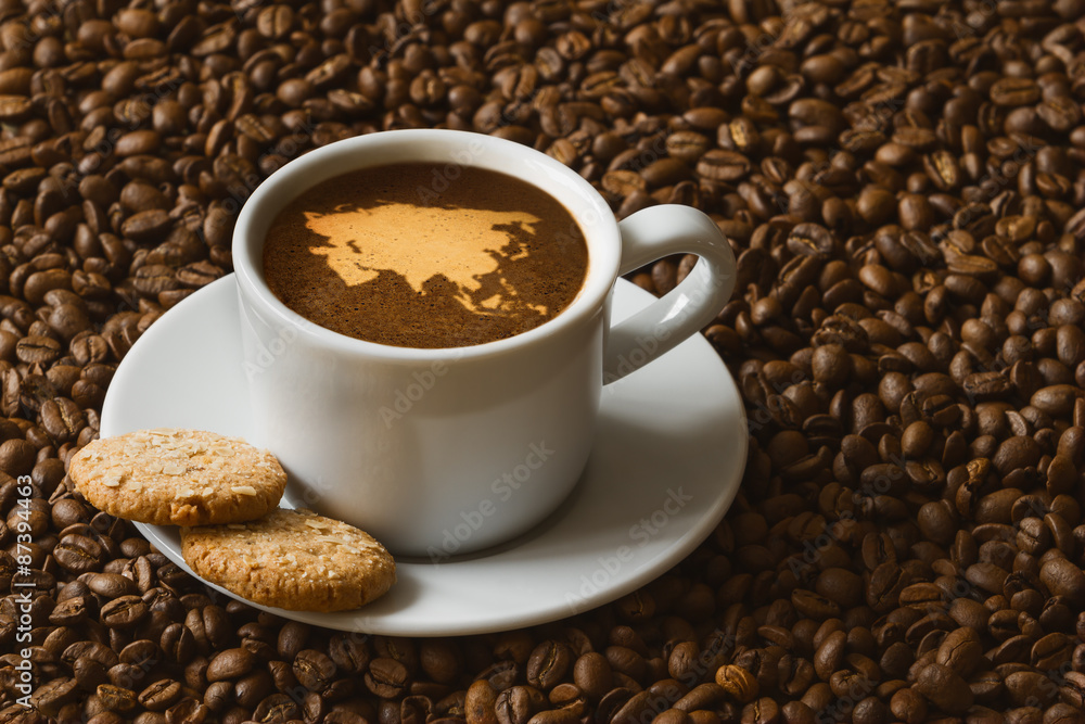 Fototapeta premium Still life - coffee with map of Asia continent