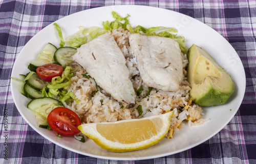 White Fish on Fried Rice with Avocado and Salad