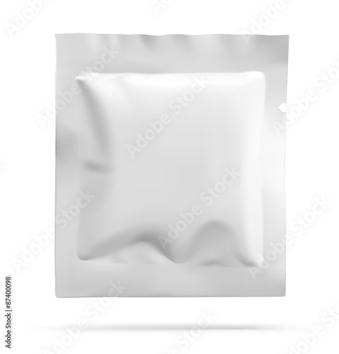Blank food sachet package for sugar, pepper, spices on white background