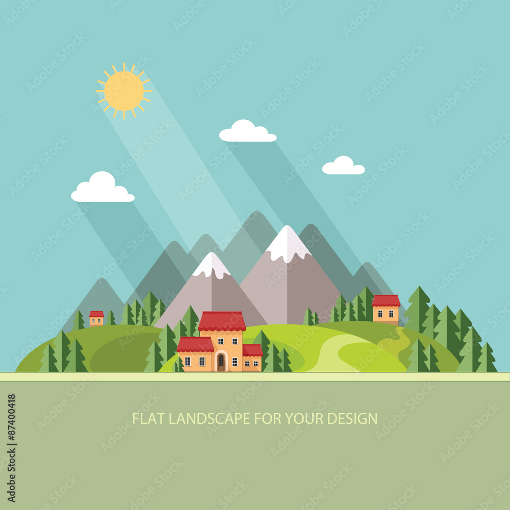 Landscape. Houses in the mountains among the trees. Flat style,