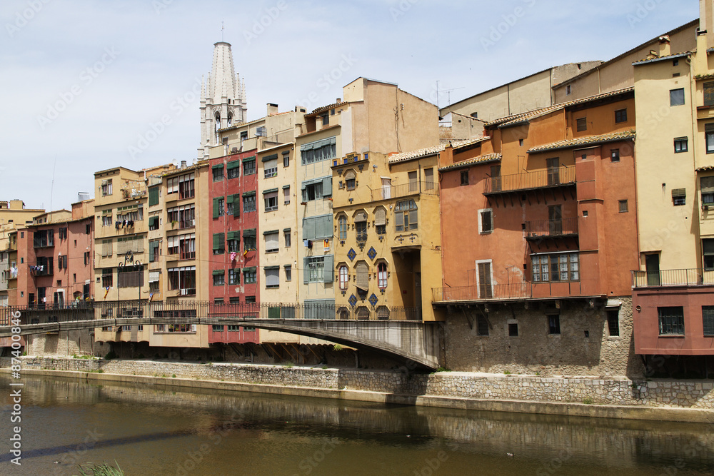 Colorful old building line the river.Girona,Spain