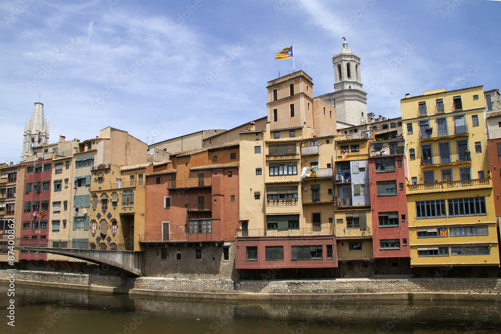 View of the old city with medieval buildings lining the river.Girona,Spain