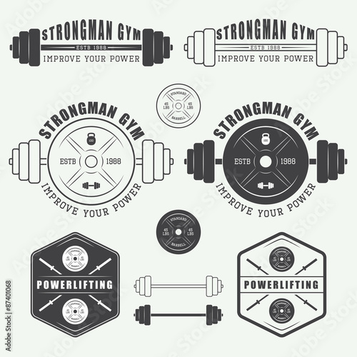 Set of gym logo, labels,badges and elements in vintage style photo