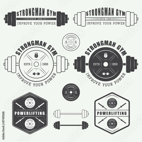 Set of gym logo, labels,badges and elements in vintage style