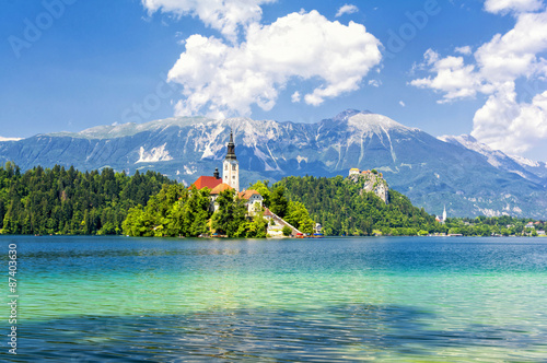 Canvas Print Bled with lake, island and mountains in background, Slovenia, Europe
