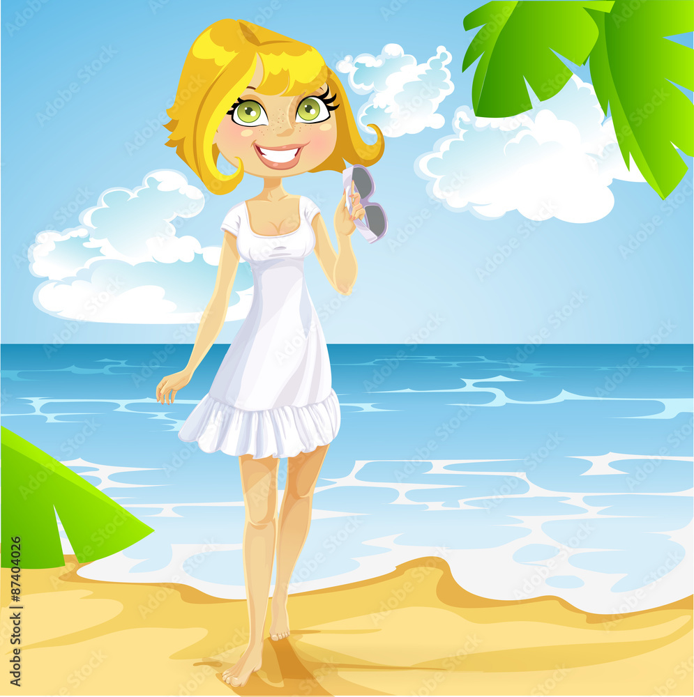 Girl in a white dress with sunglasses on beach