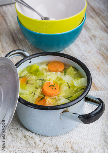 Cabbage soup in a pot