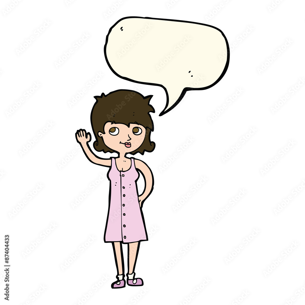 cartoon pretty woman waving with speech bubble cartoon pretty woman waving with speech bubble