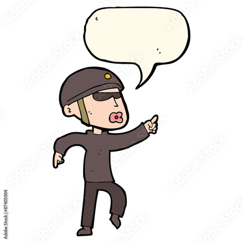 cartoon man in bike helmet pointing with speech bubble