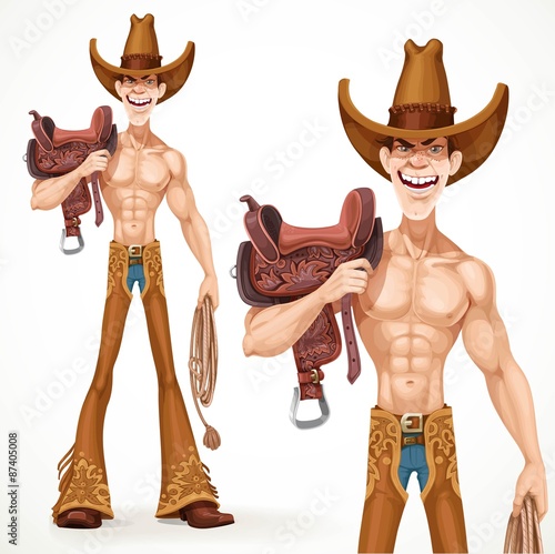 Cowboy naked to the waist with a saddle on his shoulder and a la