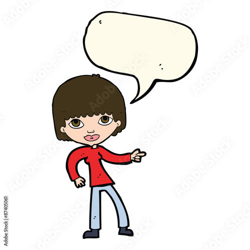 cartoon woman pointing with speech bubble
