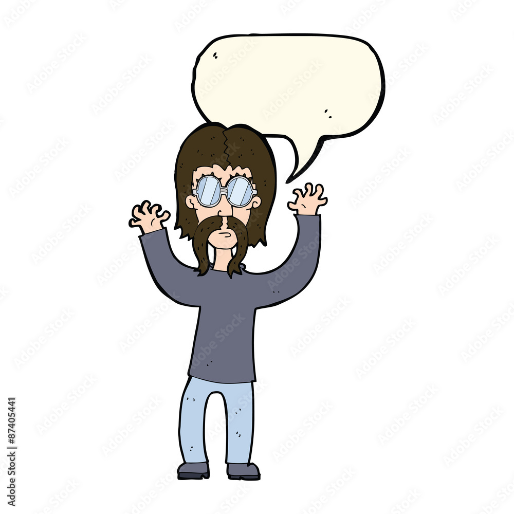 cartoon hippie man waving arms with speech bubble cartoon hippie man waving arms with speech bubble