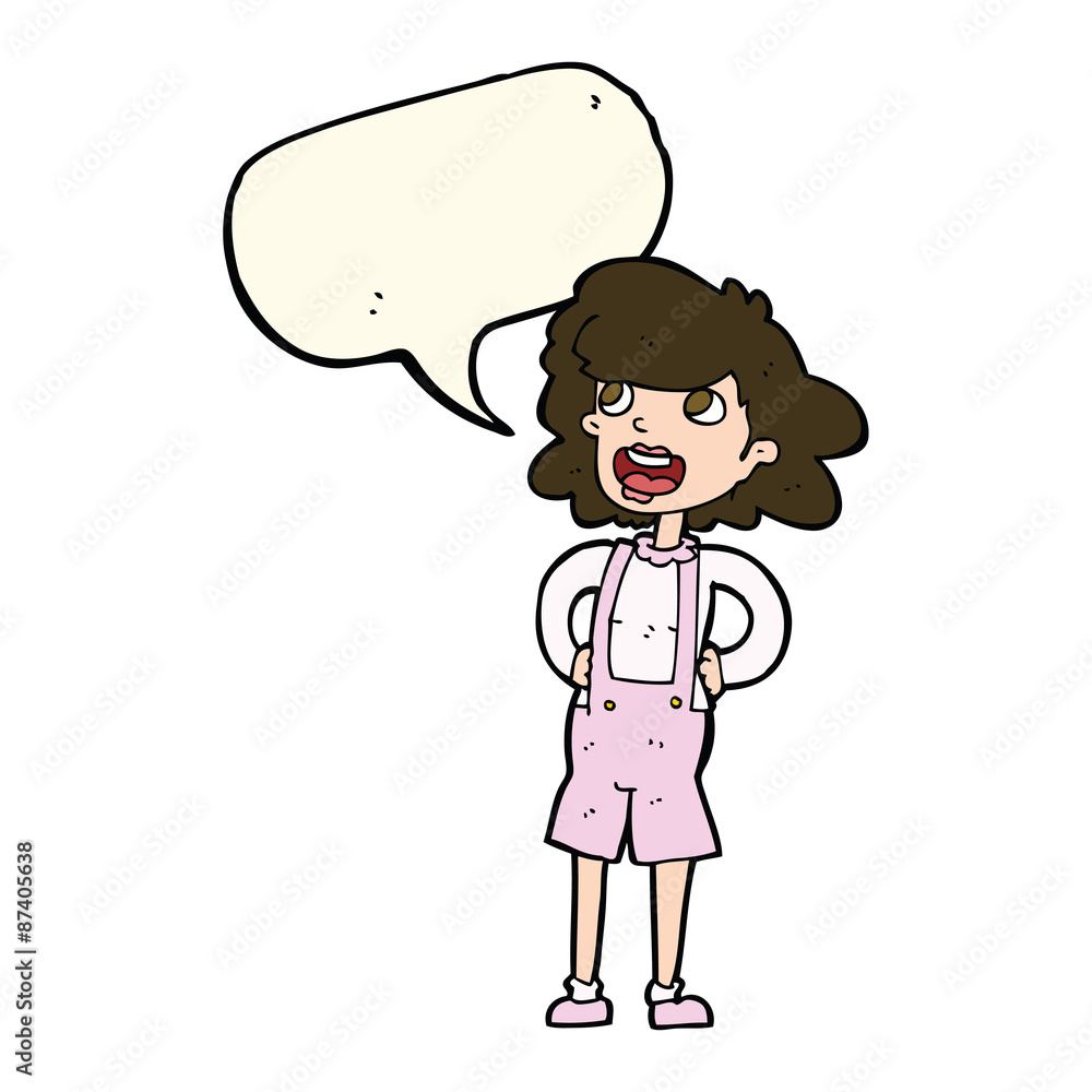 cartoon woman in dungarees with speech bubble cartoon woman in dungarees with speech bubble