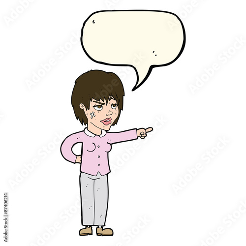 cartoon woman pointing with speech bubble