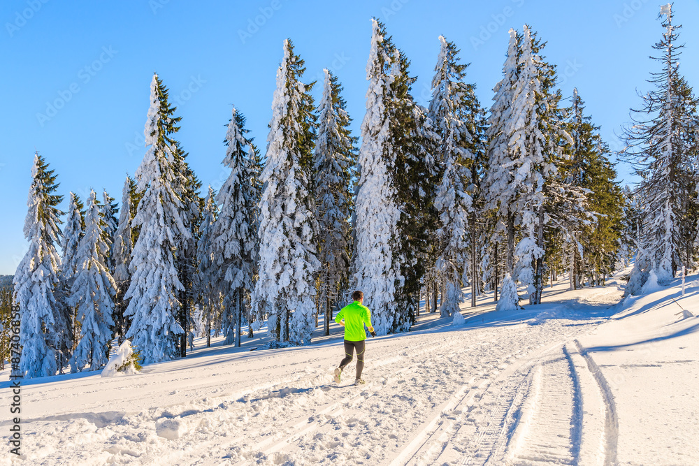 Unidentified runner on trail in winter landscape of Gorce Mountains, Poland