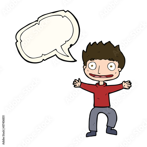 cartoon grinning boy with speech bubble