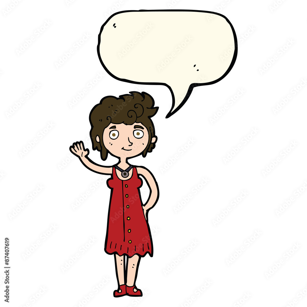 cartoon hippie woman waving with speech bubble cartoon hippie woman waving with speech bubble