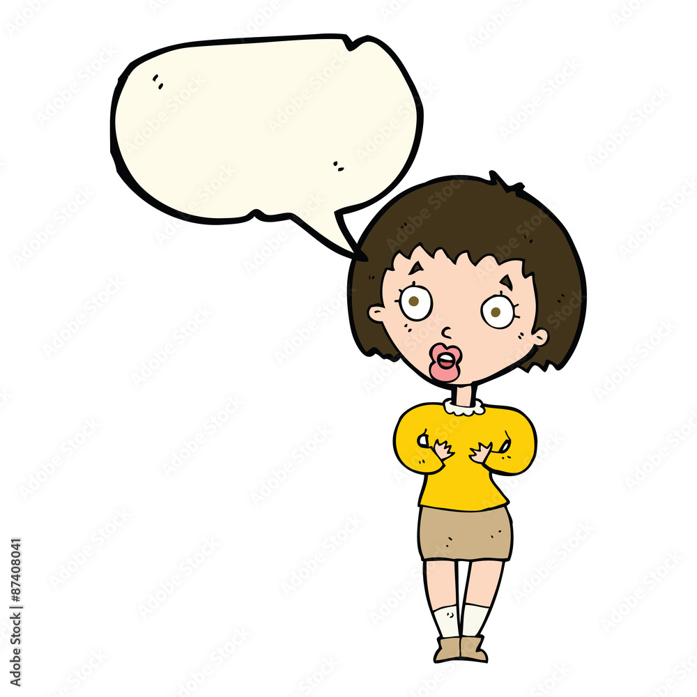 cartoon woman making Who Me? gesture with speech bubble