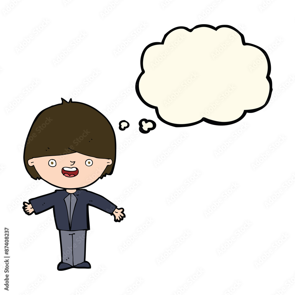 cartoon happy boy with open arms with speech bubble
